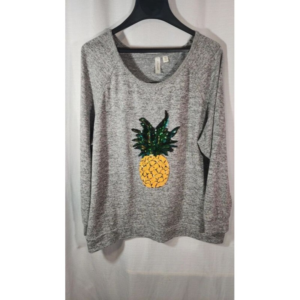 Tacera Gray Knit Pineapple Sequin Long Sleeve Top XL